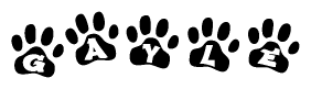 The image shows a series of animal paw prints arranged in a horizontal line. Each paw print contains a letter, and together they spell out the word Gayle.