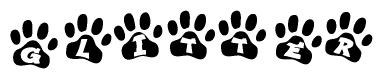 The image shows a row of animal paw prints, each containing a letter. The letters spell out the word Glitter within the paw prints.