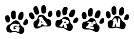 The image shows a series of animal paw prints arranged in a horizontal line. Each paw print contains a letter, and together they spell out the word Garen.