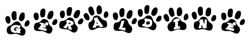 The image shows a row of animal paw prints, each containing a letter. The letters spell out the word Geraldine within the paw prints.