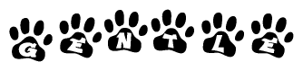 The image shows a series of animal paw prints arranged in a horizontal line. Each paw print contains a letter, and together they spell out the word Gentle.