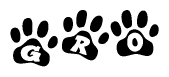 The image shows a row of animal paw prints, each containing a letter. The letters spell out the word Gro within the paw prints.