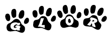 The image shows a series of animal paw prints arranged horizontally. Within each paw print, there's a letter; together they spell Glor