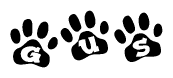 The image shows a series of animal paw prints arranged horizontally. Within each paw print, there's a letter; together they spell Gus
