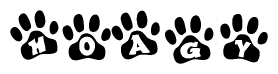 The image shows a series of animal paw prints arranged horizontally. Within each paw print, there's a letter; together they spell Hoagy