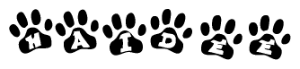 The image shows a row of animal paw prints, each containing a letter. The letters spell out the word Haidee within the paw prints.