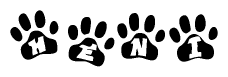 The image shows a series of animal paw prints arranged horizontally. Within each paw print, there's a letter; together they spell Heni