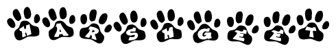 The image shows a series of animal paw prints arranged in a horizontal line. Each paw print contains a letter, and together they spell out the word Harshgeet.