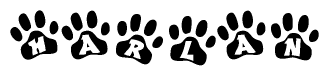 The image shows a series of animal paw prints arranged in a horizontal line. Each paw print contains a letter, and together they spell out the word Harlan.