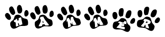 The image shows a series of animal paw prints arranged horizontally. Within each paw print, there's a letter; together they spell Hammer
