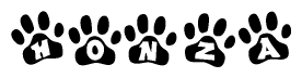 The image shows a series of animal paw prints arranged in a horizontal line. Each paw print contains a letter, and together they spell out the word Honza.