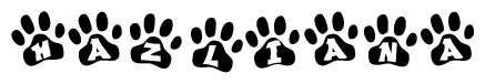 The image shows a series of animal paw prints arranged in a horizontal line. Each paw print contains a letter, and together they spell out the word Hazliana.