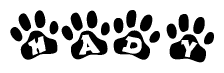 The image shows a series of animal paw prints arranged in a horizontal line. Each paw print contains a letter, and together they spell out the word Hady.