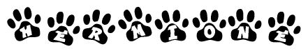 The image shows a series of animal paw prints arranged in a horizontal line. Each paw print contains a letter, and together they spell out the word Hermione.