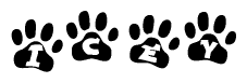 The image shows a series of animal paw prints arranged in a horizontal line. Each paw print contains a letter, and together they spell out the word Icey.