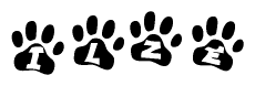 The image shows a series of animal paw prints arranged horizontally. Within each paw print, there's a letter; together they spell Ilze