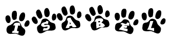 The image shows a series of animal paw prints arranged horizontally. Within each paw print, there's a letter; together they spell Isabel