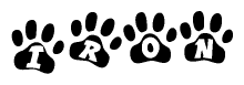 The image shows a row of animal paw prints, each containing a letter. The letters spell out the word Iron within the paw prints.
