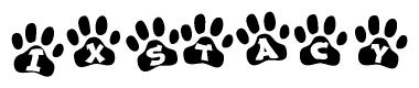The image shows a series of animal paw prints arranged in a horizontal line. Each paw print contains a letter, and together they spell out the word Ixstacy.