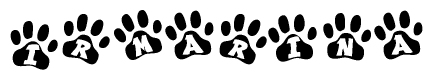 The image shows a series of animal paw prints arranged horizontally. Within each paw print, there's a letter; together they spell Irmarina
