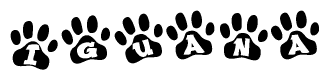 The image shows a row of animal paw prints, each containing a letter. The letters spell out the word Iguana within the paw prints.
