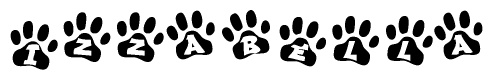 The image shows a row of animal paw prints, each containing a letter. The letters spell out the word Izzabella within the paw prints.
