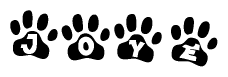The image shows a series of animal paw prints arranged in a horizontal line. Each paw print contains a letter, and together they spell out the word Joye.