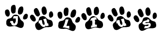 The image shows a series of animal paw prints arranged in a horizontal line. Each paw print contains a letter, and together they spell out the word Julius.