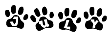 The image shows a row of animal paw prints, each containing a letter. The letters spell out the word July within the paw prints.
