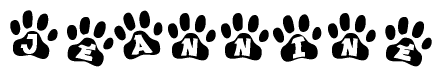 The image shows a series of animal paw prints arranged horizontally. Within each paw print, there's a letter; together they spell Jeannine