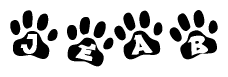 The image shows a series of animal paw prints arranged horizontally. Within each paw print, there's a letter; together they spell Jeab