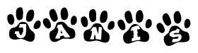 The image shows a series of animal paw prints arranged horizontally. Within each paw print, there's a letter; together they spell Janis