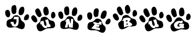 The image shows a row of animal paw prints, each containing a letter. The letters spell out the word Junebug within the paw prints.