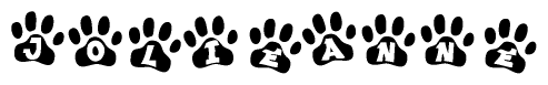 The image shows a series of animal paw prints arranged in a horizontal line. Each paw print contains a letter, and together they spell out the word Jolieanne.