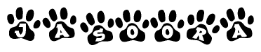 The image shows a series of animal paw prints arranged in a horizontal line. Each paw print contains a letter, and together they spell out the word Jasoora.
