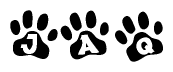 The image shows a series of animal paw prints arranged in a horizontal line. Each paw print contains a letter, and together they spell out the word Jaq.