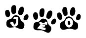 The image shows a series of animal paw prints arranged horizontally. Within each paw print, there's a letter; together they spell Jeo