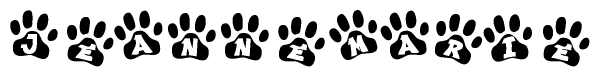 The image shows a row of animal paw prints, each containing a letter. The letters spell out the word Jeannemarie within the paw prints.