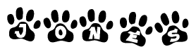 The image shows a row of animal paw prints, each containing a letter. The letters spell out the word Jones within the paw prints.