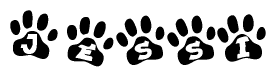 The image shows a series of animal paw prints arranged horizontally. Within each paw print, there's a letter; together they spell Jessi