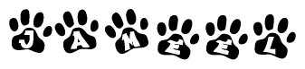 The image shows a series of animal paw prints arranged in a horizontal line. Each paw print contains a letter, and together they spell out the word Jameel.