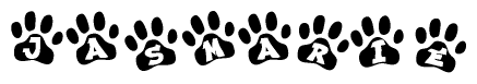 The image shows a row of animal paw prints, each containing a letter. The letters spell out the word Jasmarie within the paw prints.