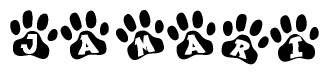 The image shows a series of animal paw prints arranged in a horizontal line. Each paw print contains a letter, and together they spell out the word Jamari.