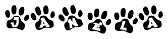 The image shows a series of animal paw prints arranged in a horizontal line. Each paw print contains a letter, and together they spell out the word Jamela.