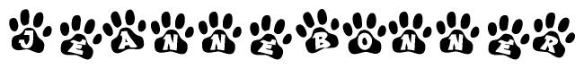 The image shows a row of animal paw prints, each containing a letter. The letters spell out the word Jeannebonner within the paw prints.