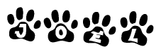 The image shows a row of animal paw prints, each containing a letter. The letters spell out the word Joel within the paw prints.