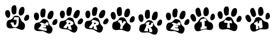 The image shows a series of animal paw prints arranged horizontally. Within each paw print, there's a letter; together they spell Jerrykeith