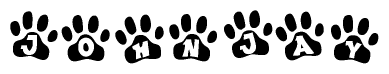 The image shows a row of animal paw prints, each containing a letter. The letters spell out the word Johnjay within the paw prints.