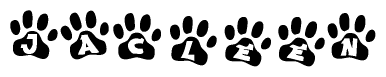 The image shows a row of animal paw prints, each containing a letter. The letters spell out the word Jacleen within the paw prints.