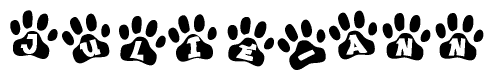 The image shows a series of animal paw prints arranged horizontally. Within each paw print, there's a letter; together they spell Julie-ann